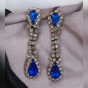 Silver Tone Clear & Royal Blue Rhinestone Drop Earrings Unsigned